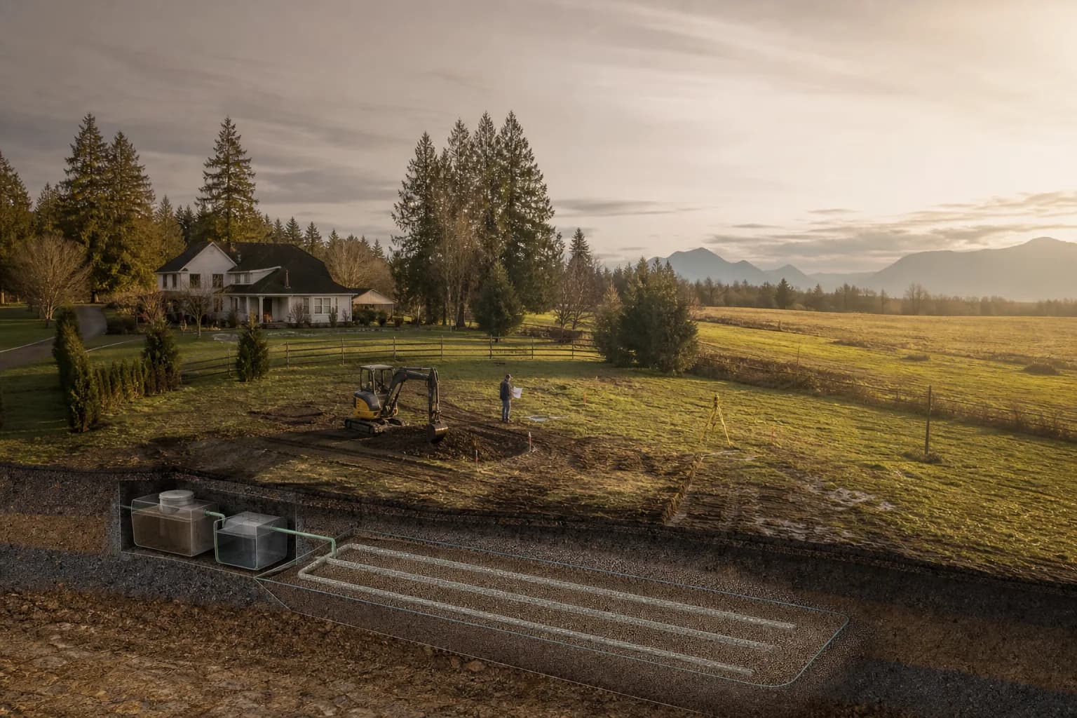 Illustrative aerial view of a Fraser Valley acreage during septic site assessment